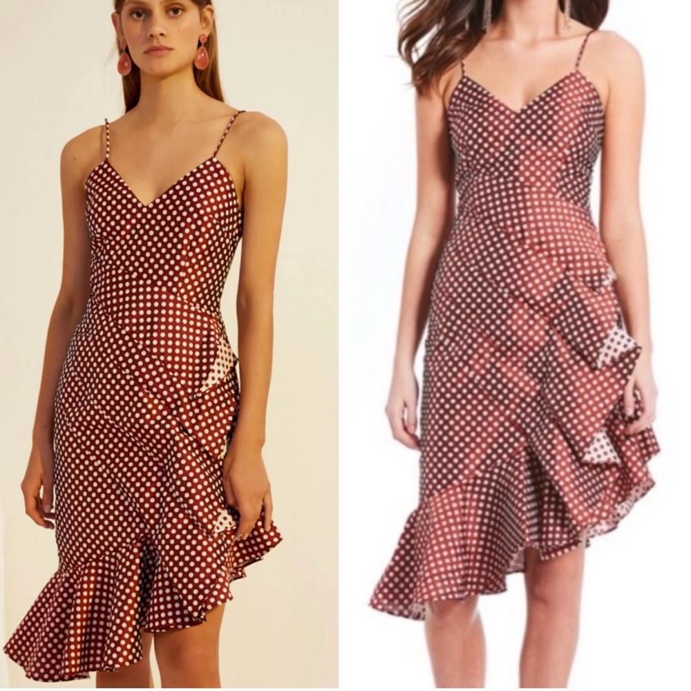 Keepsake the Label Polka Dot Asymmetrical Ruffle Midi Dress